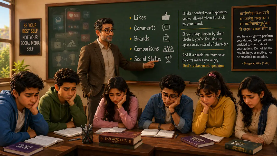 Professor Shah explains how likes, comments, brands, comparisons, and social status affect happiness while students reflect quietly.