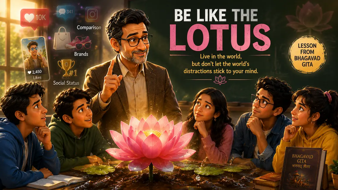 Professor Shah teaches six college students around a glowing lotus with the message "Be Like the Lotus" inspired by the Bhagavad Gita.
