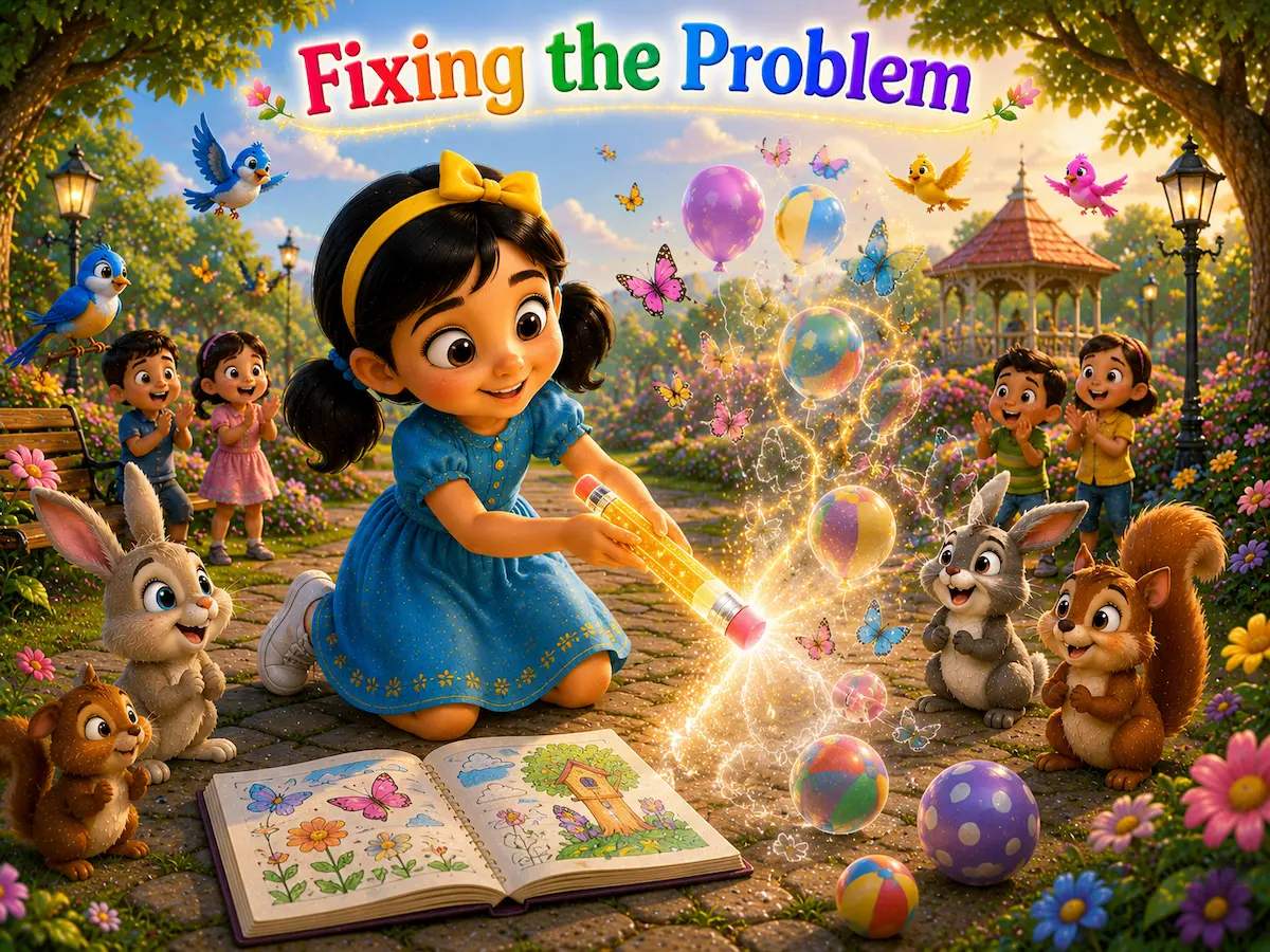 Maya using the magical pencil's eraser to remove extra magical creations and restore the peaceful park.