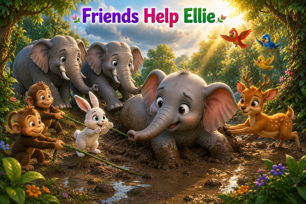 Friends Help Ellie Forest animals working together to rescue Ellie the little elephant from the mud.