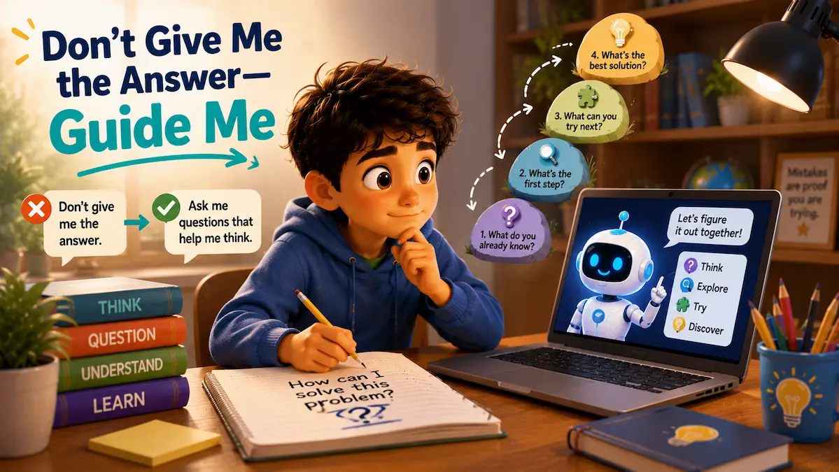 Guide Me, Don’t Give Me the Answer Child solving homework independently with helpful AI guidance on a laptop.