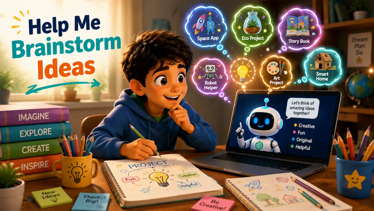 Help Me Brainstorm Ideas Creative student using ChatGPT to generate ideas for a school project.