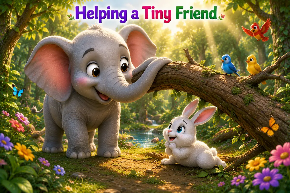 Helping a Tiny Friend Little elephant Ellie lifting a fallen branch to rescue a trapped rabbit.