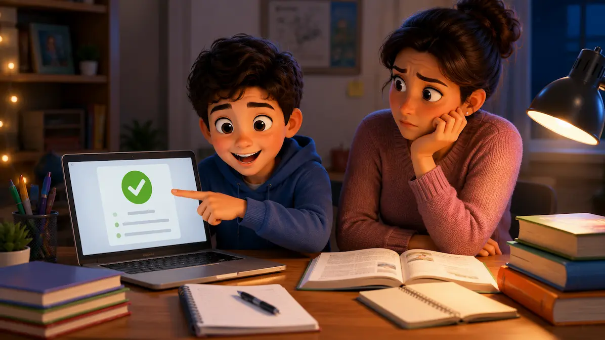 The Homework Was Finished, But Was Learning Happening? Smiling child showing completed homework on a laptop while a parent looks thoughtfully at study books.