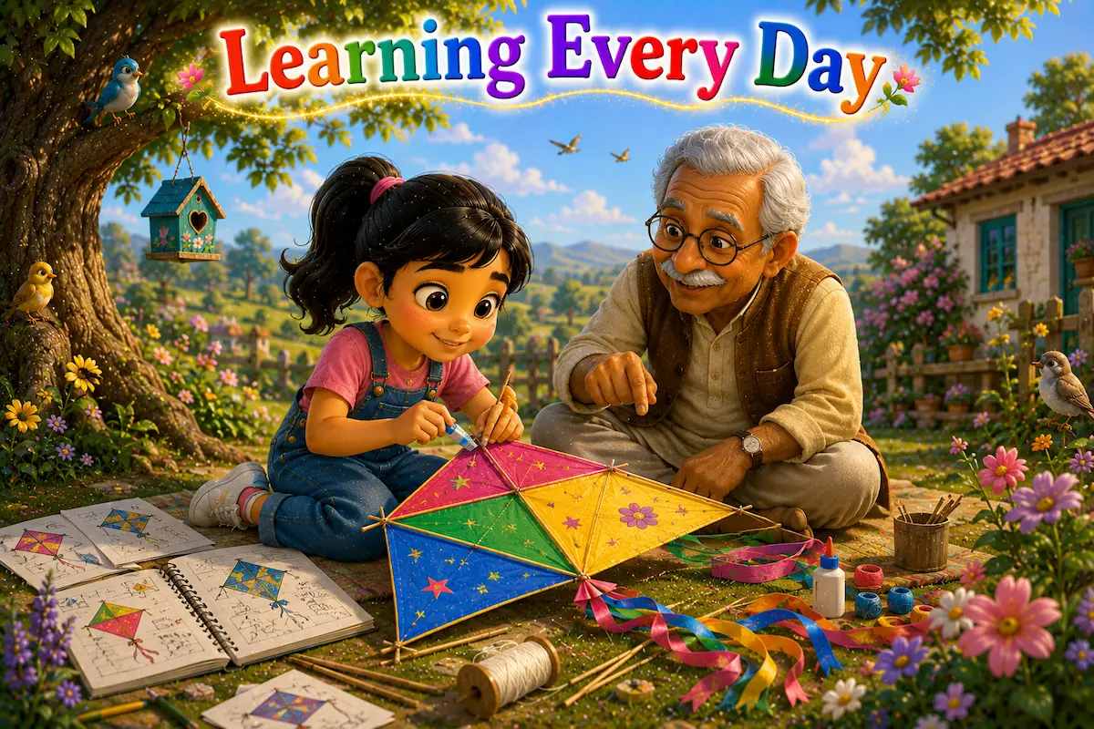 Learning Every Day Anaya and her grandfather repairing and improving a colorful kite under a large tree.