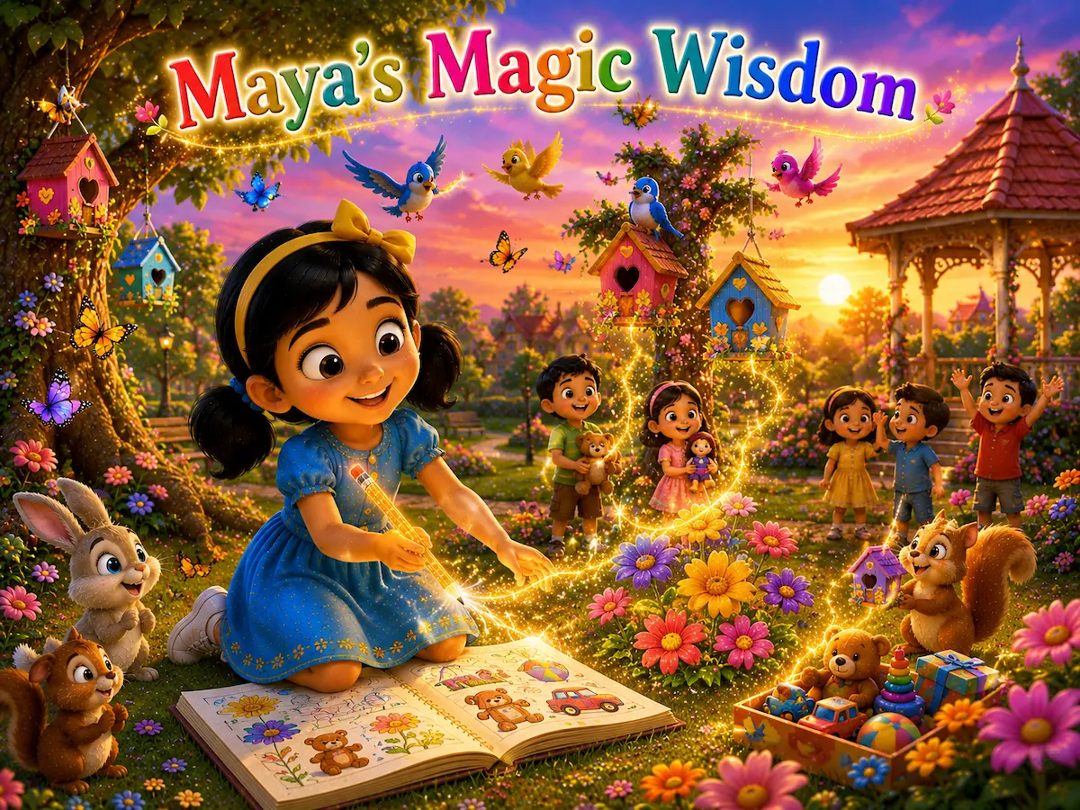 Maya using her magical pencil to create birdhouses, flowers, and toys while children and animals happily gather at sunset.