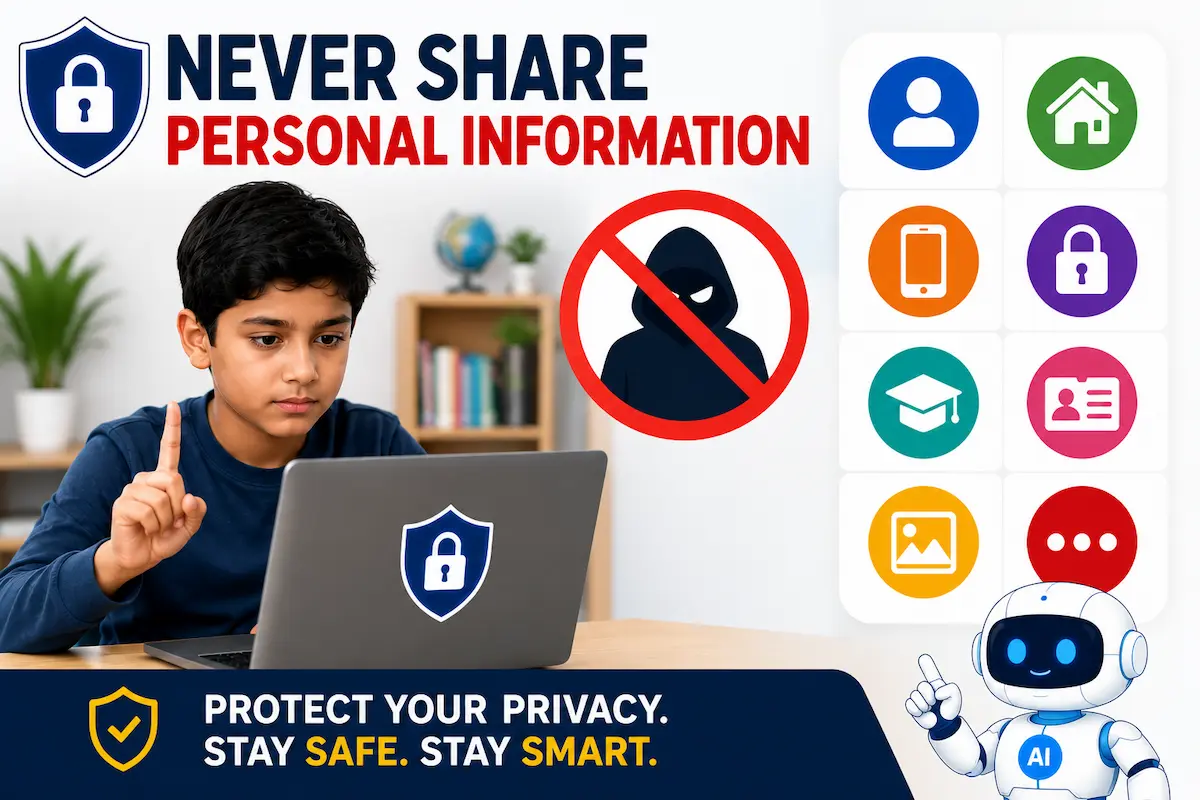 Never Share Personal Information with AI Child using an AI chatbot while learning not to share personal information online.