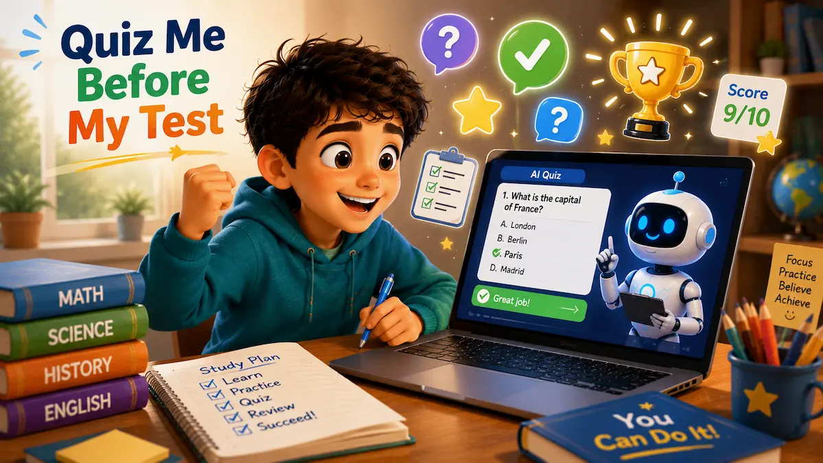 Quiz Me Before My Test Student taking a fun AI-generated quiz on a laptop before an exam.