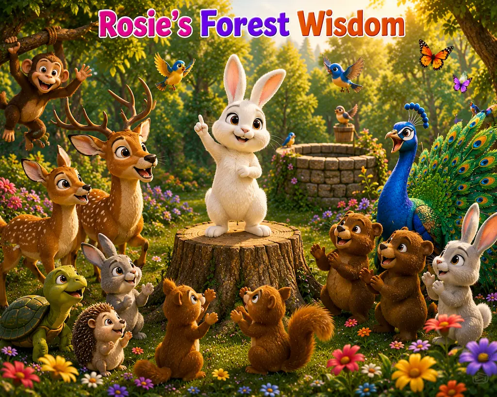 Rosie’s Forest Wisdom Rabbit Rosie celebrating with happy woodland animals in a peaceful forest