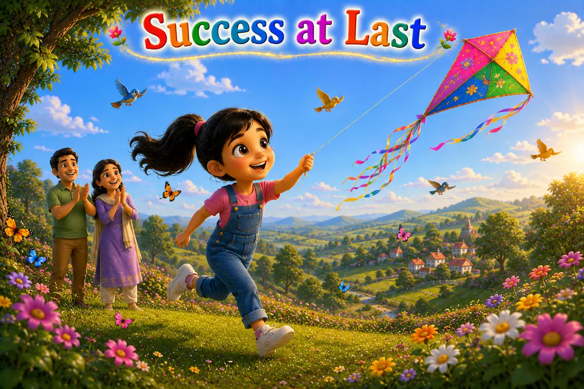 Success at Last Anaya joyfully flying her colorful kite high in the sky while her family applauds.