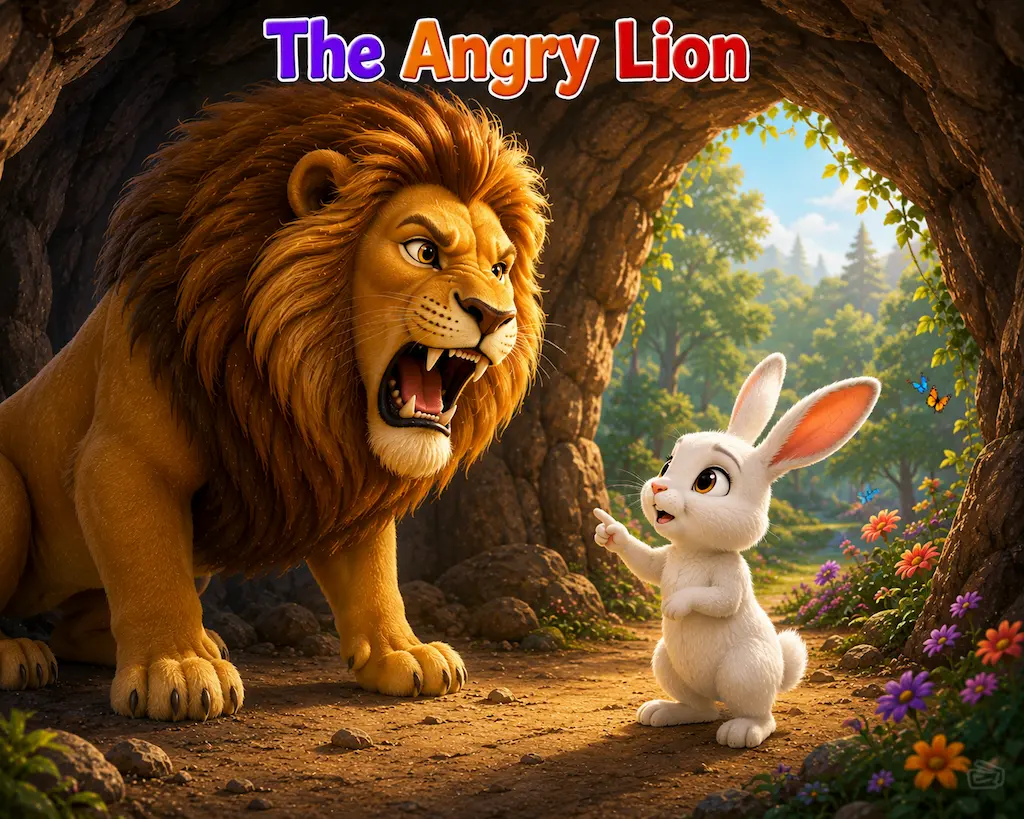 The Angry Lion Angry lion Leo roaring at the brave rabbit inside his cave