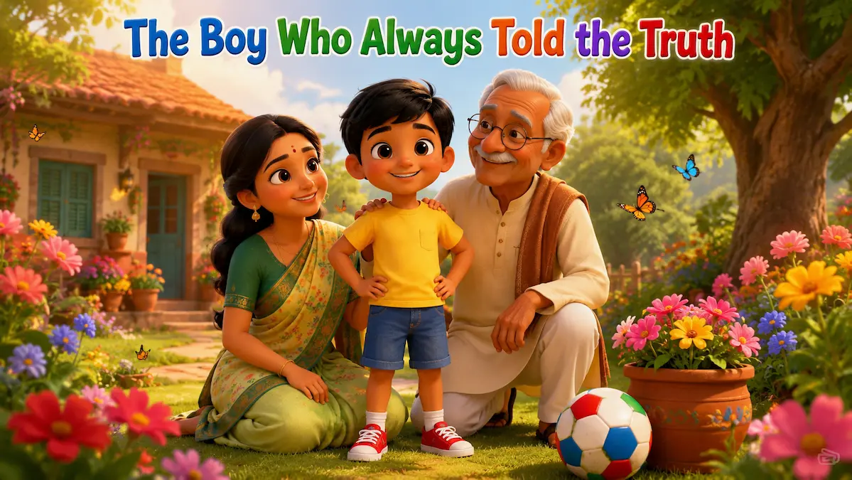 Aarav smiling with his mother and grandfather in a beautiful village garden