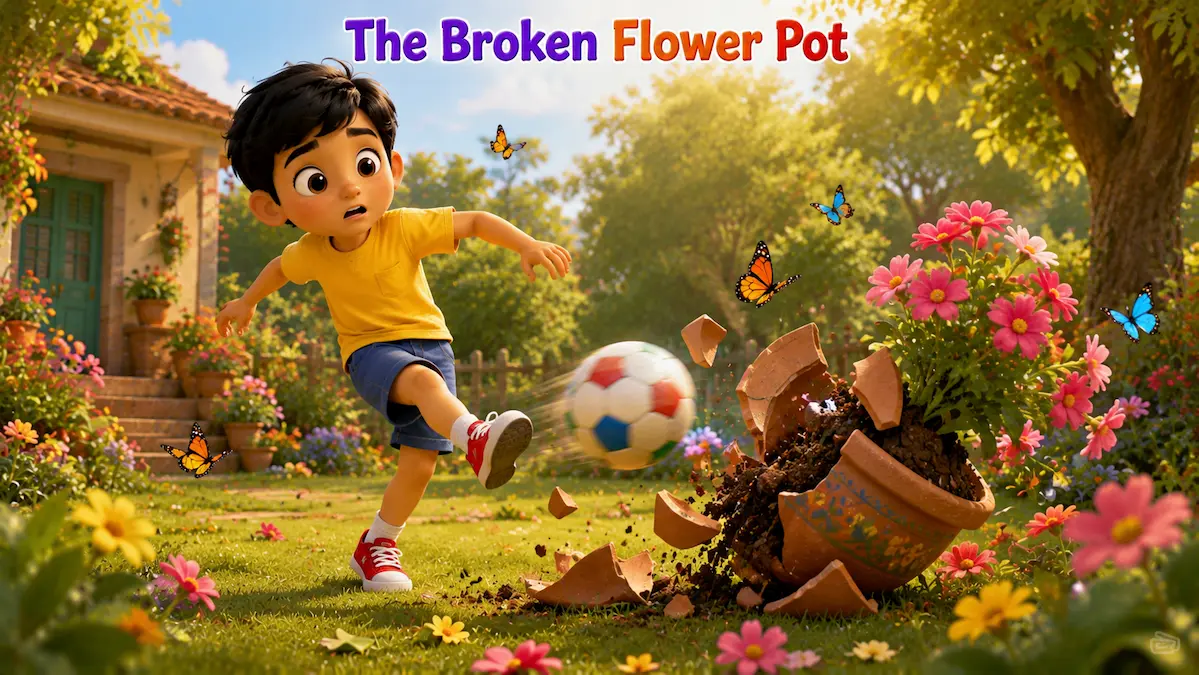 The Broken Flower Pot Aarav accidentally breaking a flower pot while playing football in the garden