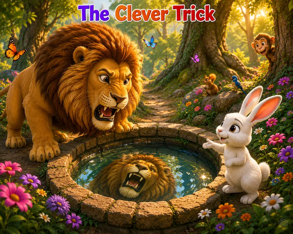 The Clever Trick Lion looking into a stone well while rabbit watches with a clever smile