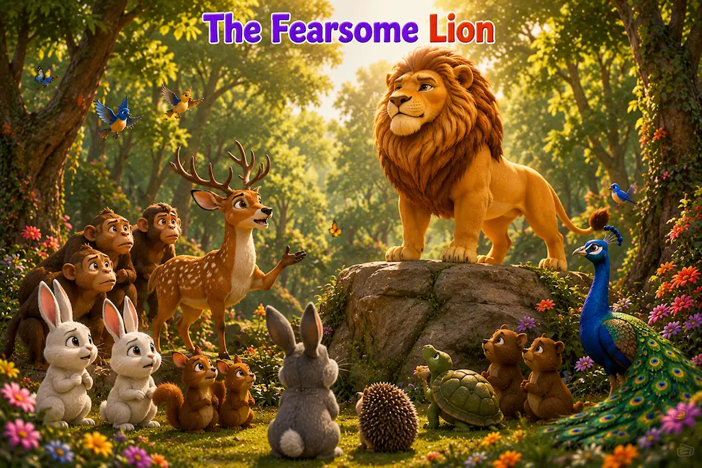 The Fearsome Lion Mighty lion Leo standing proudly as frightened forest animals gather together