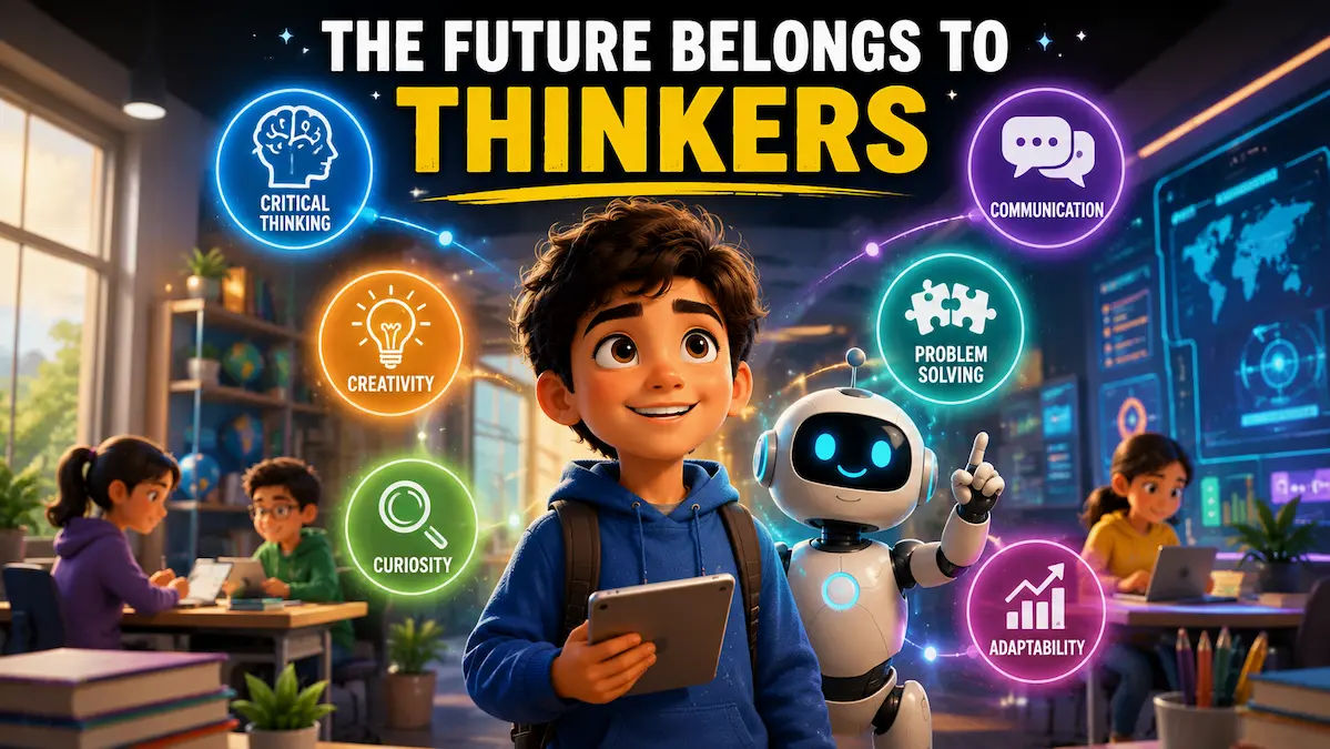 The Future Belongs to Thinkers, Not Just Technology Users Confident child in a futuristic classroom with icons representing creativity, critical thinking, communication, and problem-solving.