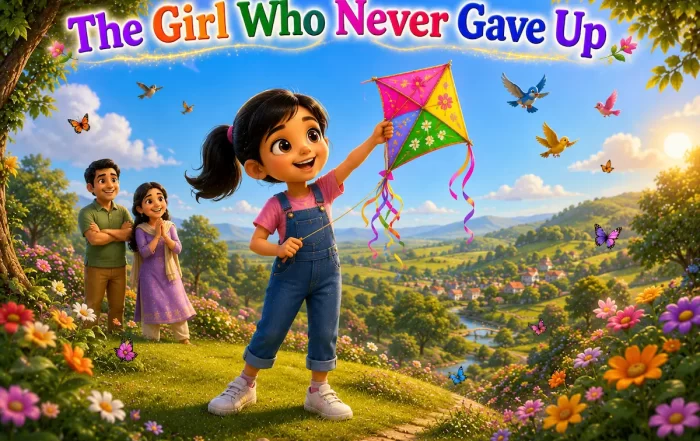 Anaya, a determined young girl, proudly flying a colorful kite on a grassy hill at sunset with her family smiling nearby.