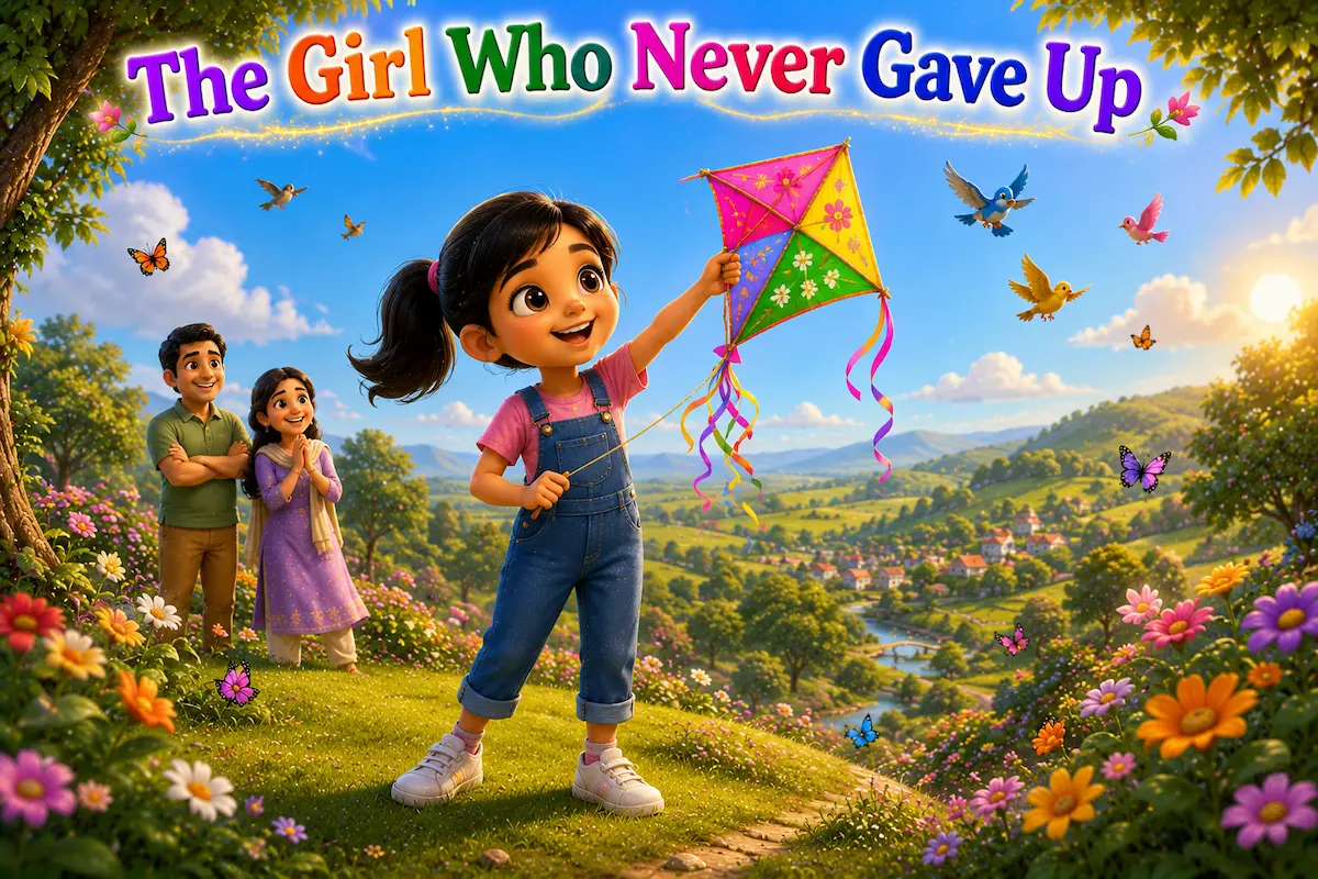 Anaya, a determined young girl, proudly flying a colorful kite on a grassy hill at sunset with her family smiling nearby.