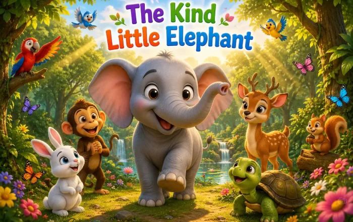 Ellie the kind little elephant standing happily with her forest friends in a beautiful jungle.