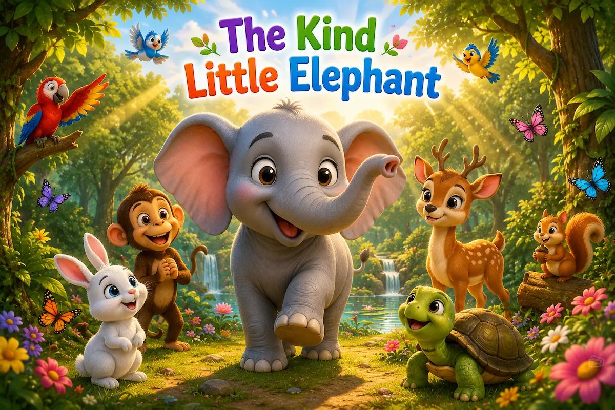 Ellie the kind little elephant standing happily with her forest friends in a beautiful jungle.