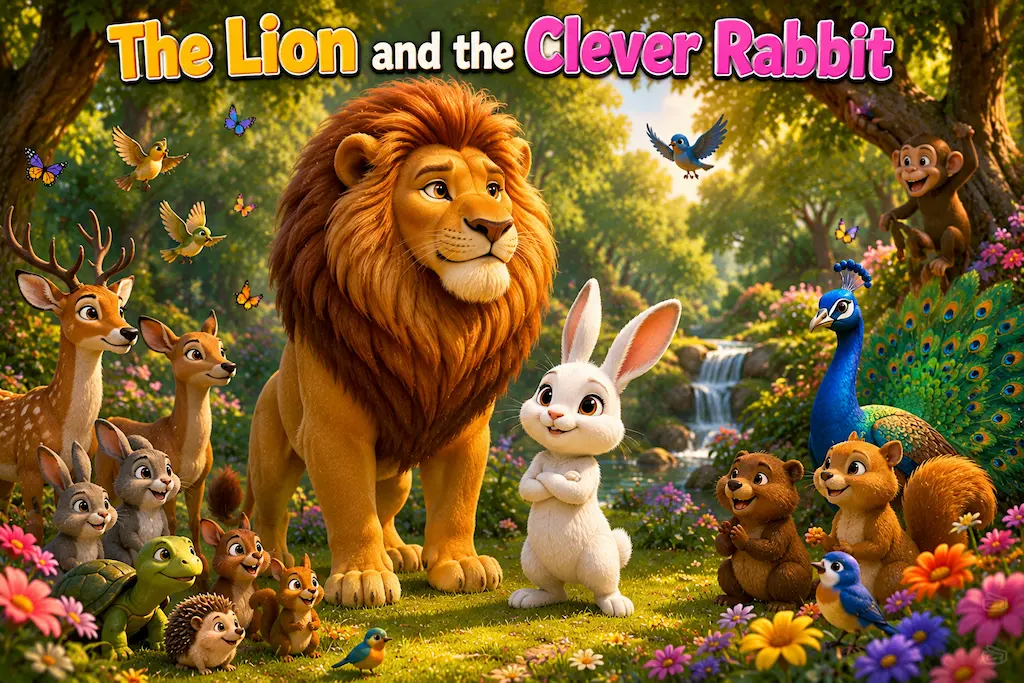 Clever rabbit Rosie standing confidently beside the mighty lion Leo in a magical forest