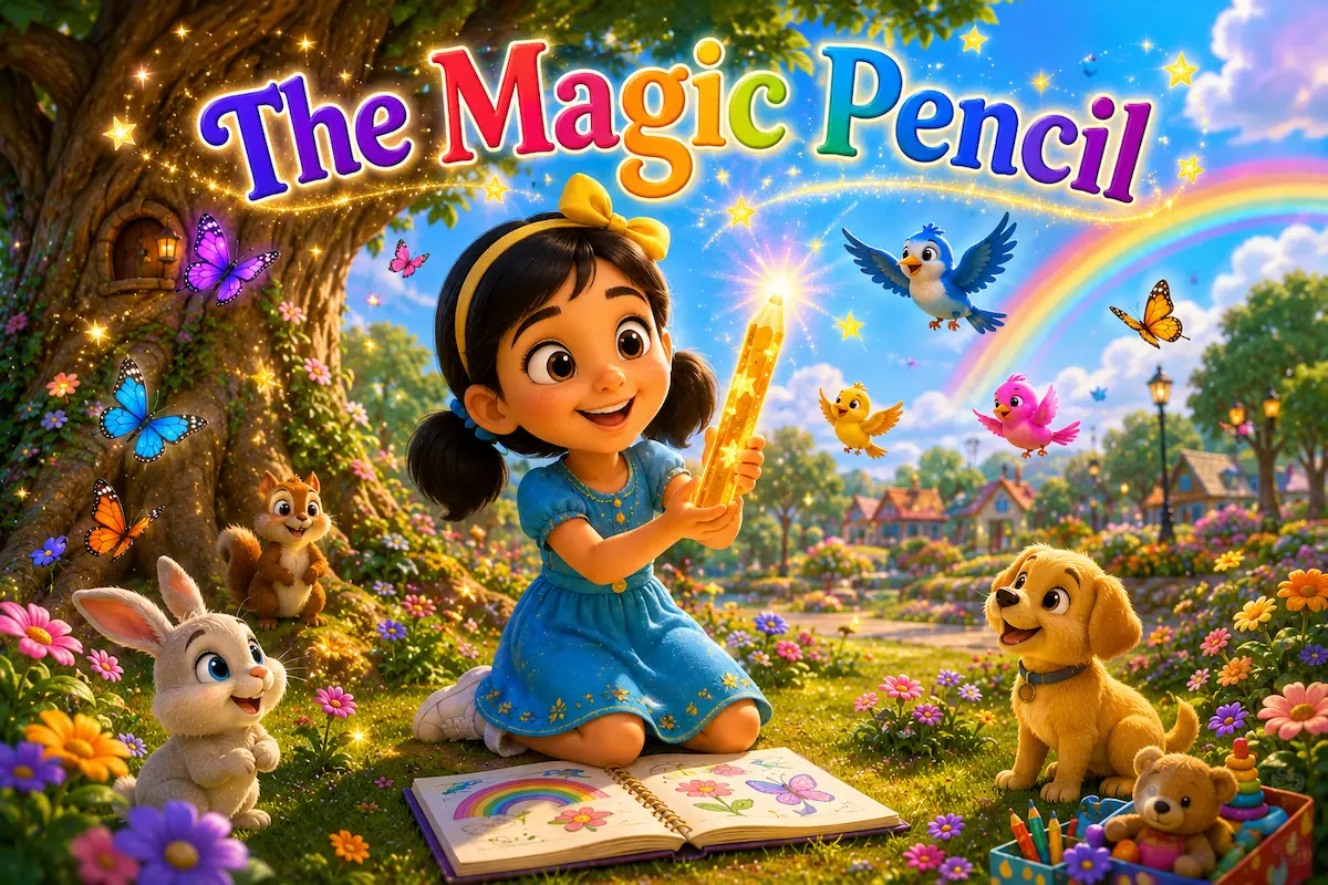 Maya holding a glowing magic pencil in a beautiful park surrounded by magical butterflies, flowers, and birds.