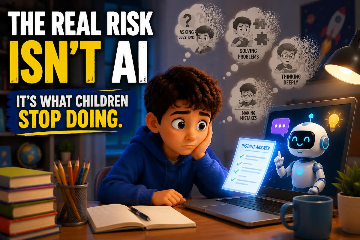 The Real Risk Isn’t AI – It’s Children Stopping the Learning Process Thoughtful child using a laptop with an AI assistant while symbols of questioning and problem-solving fade in the background.