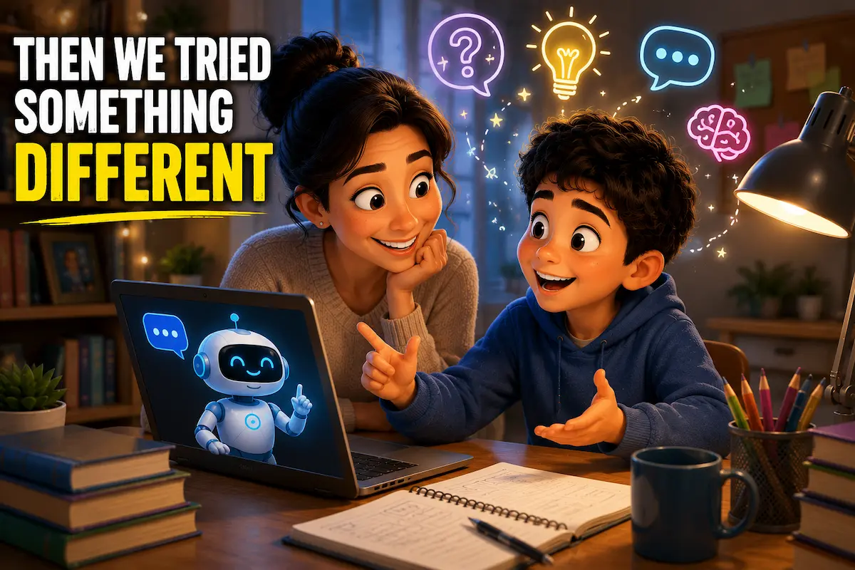 Using AI Differently Can Create Better Learning Experiences Parent and child happily discussing ideas while learning together with AI on a laptop.