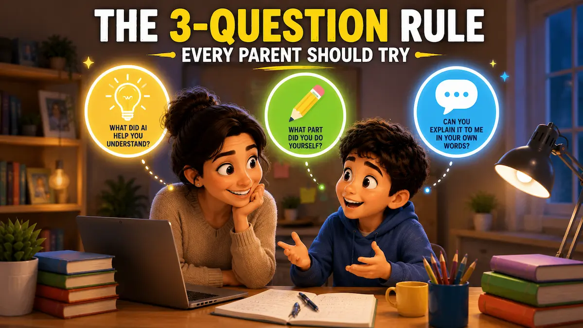 The 3-Question Rule Every Parent Should Try When Kids Use AI Parent and child discussing what was learned from AI with question icons above them.