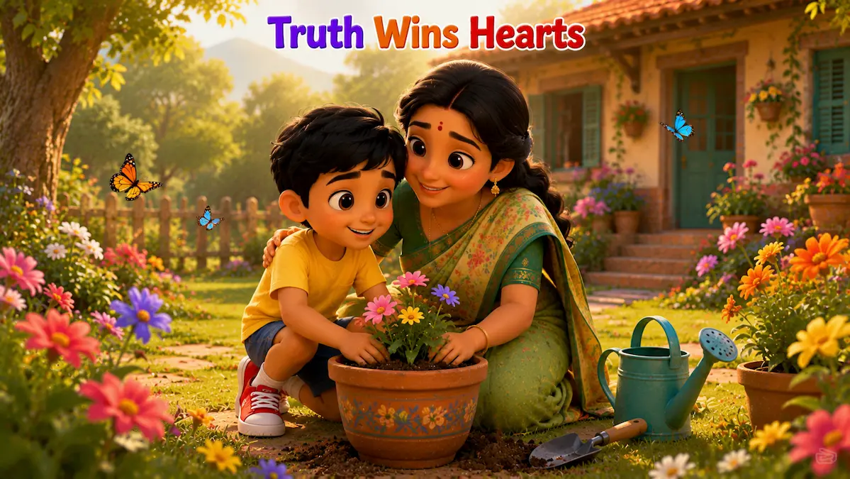 Truth Wins Hearts Aarav and his mother planting colorful flowers together in a new clay pot