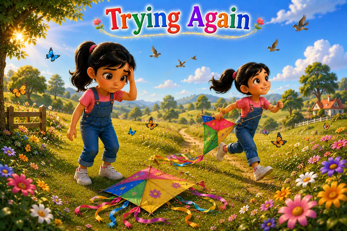 Trying Again Anaya smiling as she tries to fly her kite again after it falls to the ground.
