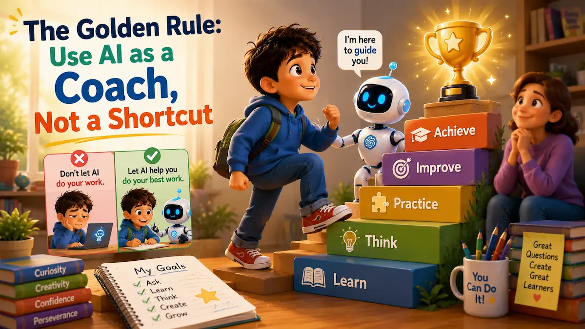 Use AI as a Coach, Not a Shortcut Child climbing learning steps with an AI coach while a proud parent watches.