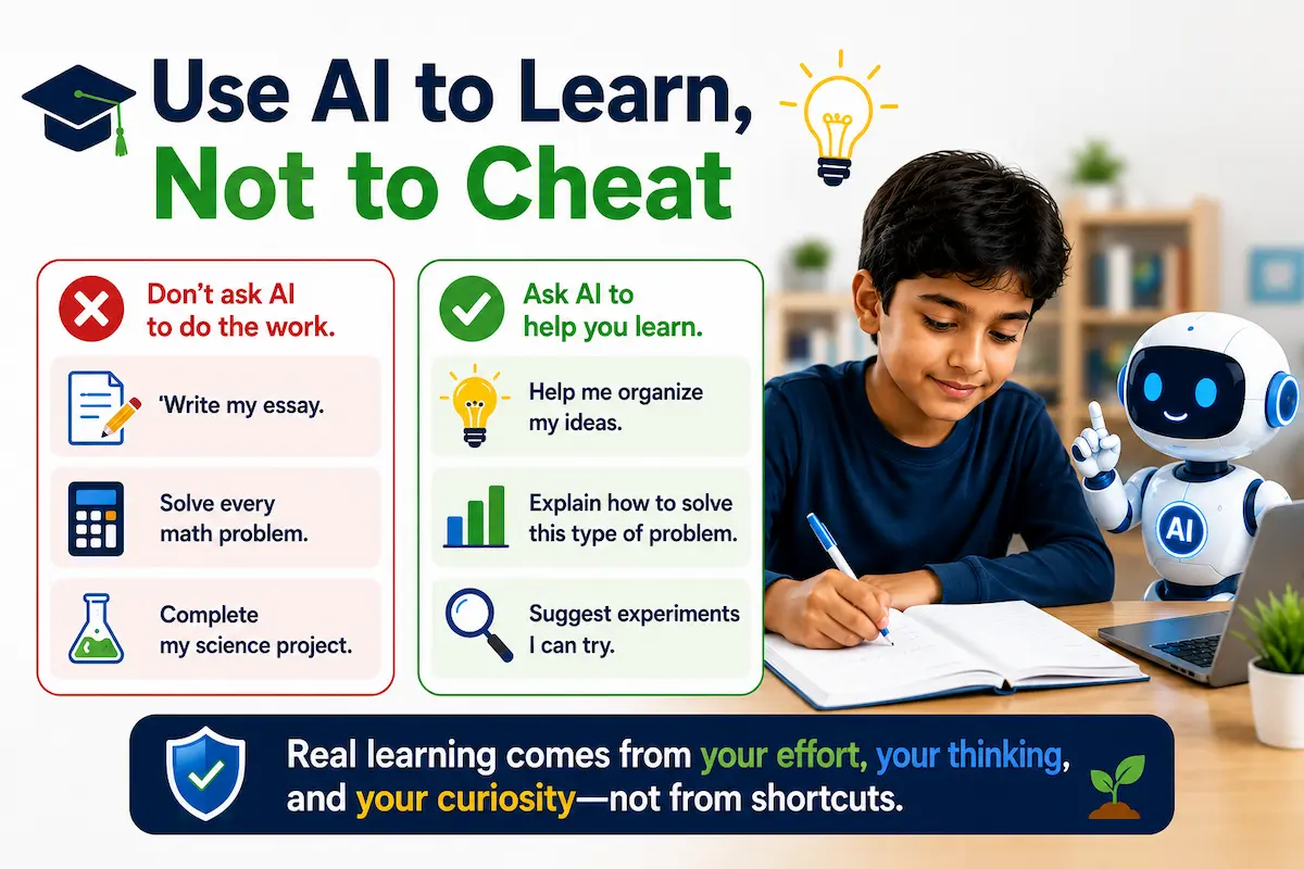 Use AI to Learn, Not to Cheat Student using AI responsibly to understand lessons instead of copying homework answers.