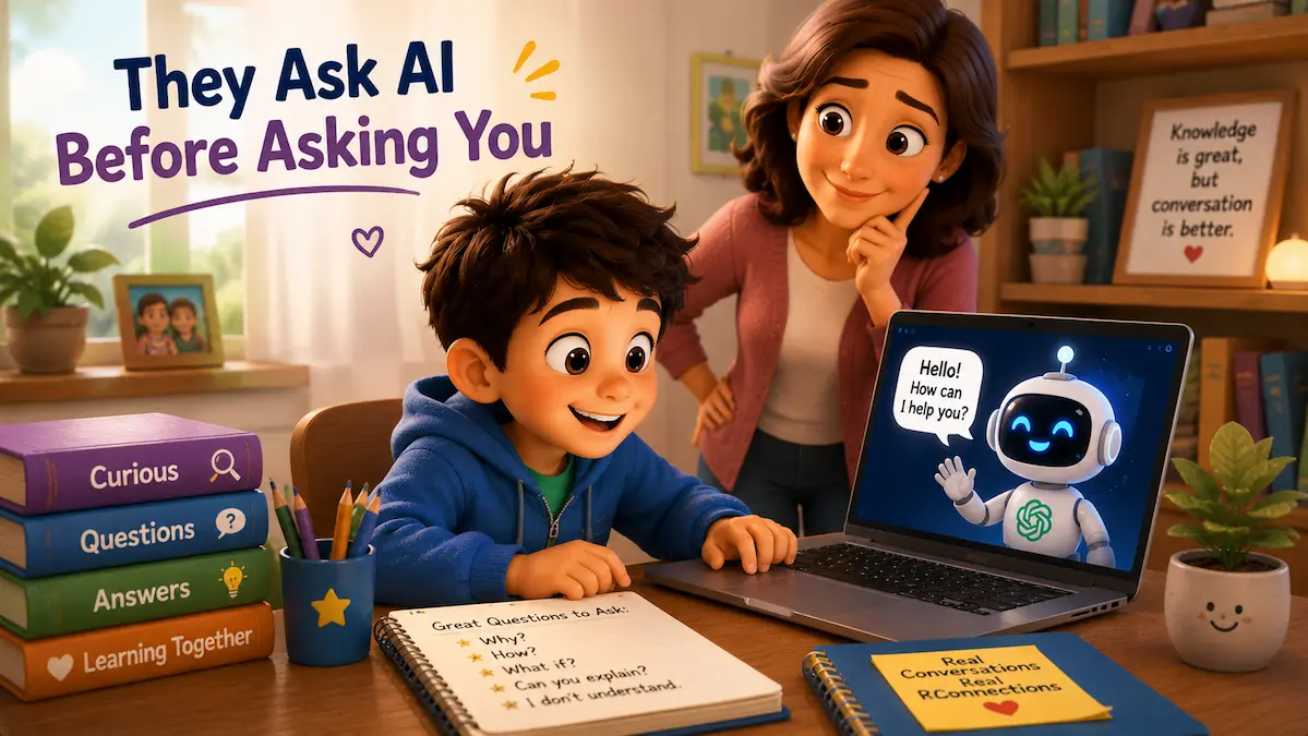 They Ask AI Before Asking You Child asking AI questions on a laptop while parent is nearby