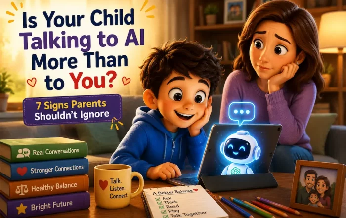 Child using AI on a laptop while parent tries to connect with them