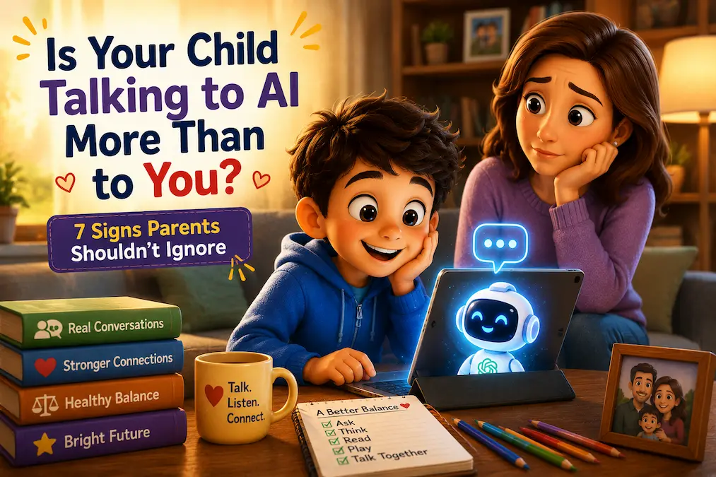 Child using AI on a laptop while parent tries to connect with them