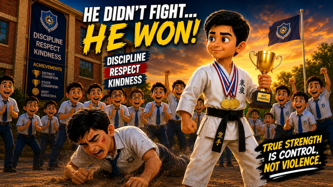 Young karate champion Aditya stands proudly with medals and a trophy while classmates cheer, showing that true strength comes from discipline and self-control, not violence.