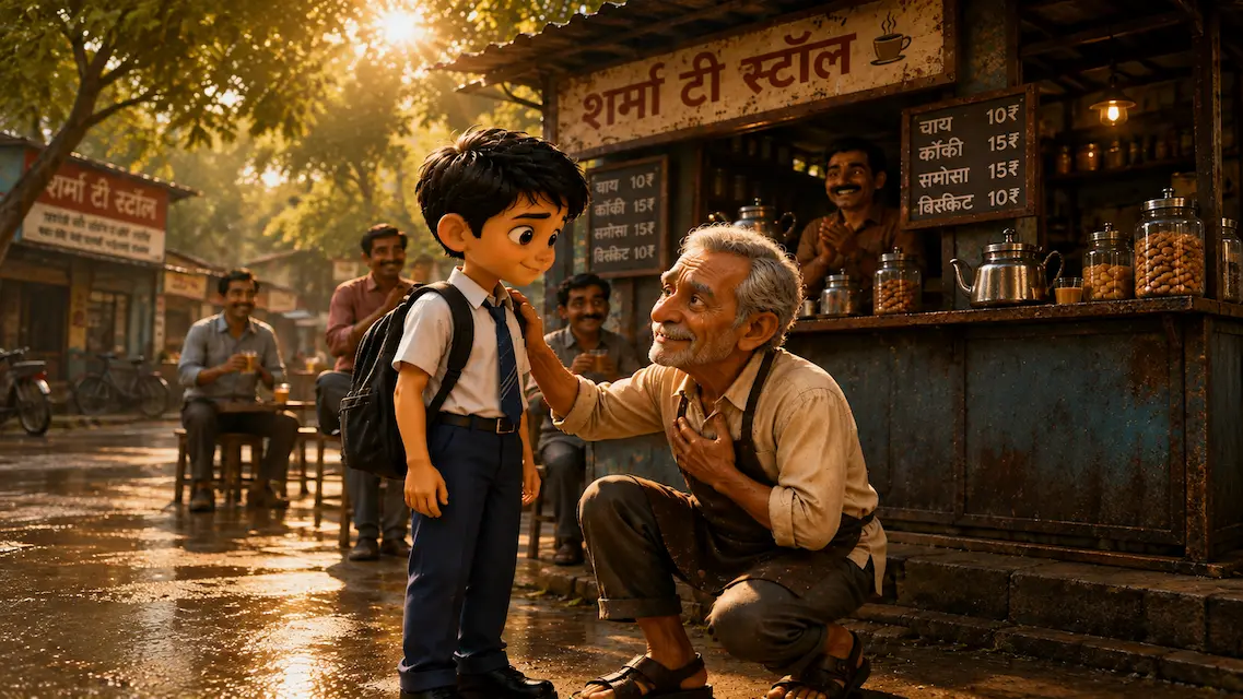 Gratitude Beyond Words An emotional elderly tea stall worker thanks a schoolboy after receiving a pair of sandals.