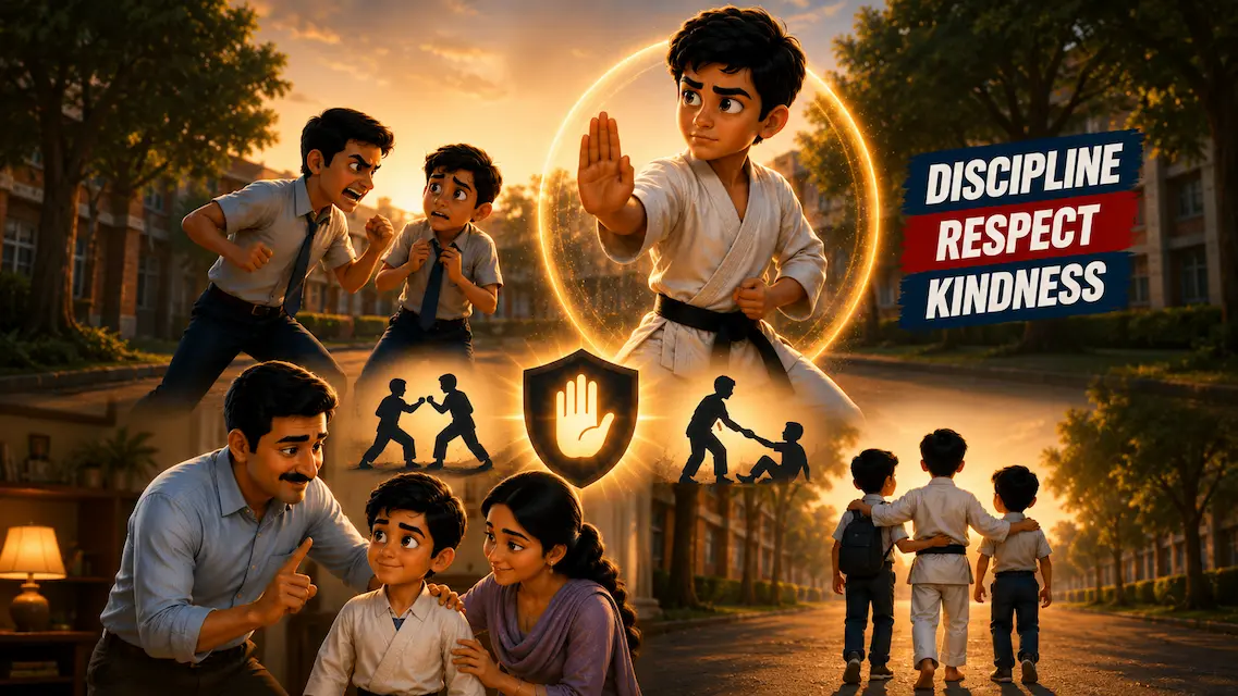 Collage showing Aditya protecting a child, practicing self-defense responsibly, listening to his parents, and walking with friends, illustrating the values of discipline, respect, and kindness.