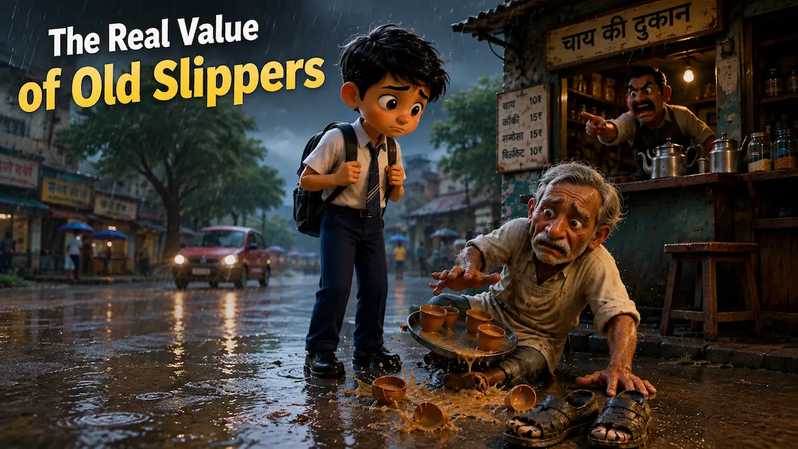 A worried schoolboy watches an elderly tea stall worker fall in the rain while an angry shop owner scolds him, highlighting a pair of worn-out slippers.