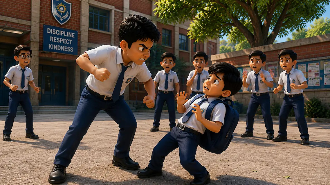 Kabir threatening a frightened younger schoolboy while other students watch nervously.