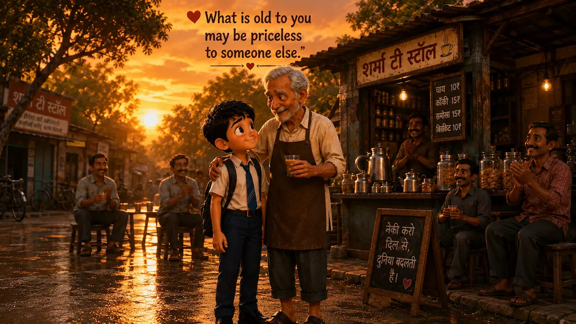 The Priceless Gift of Kindness An elderly tea stall worker and a smiling schoolboy stand together as a message about kindness appears above them.