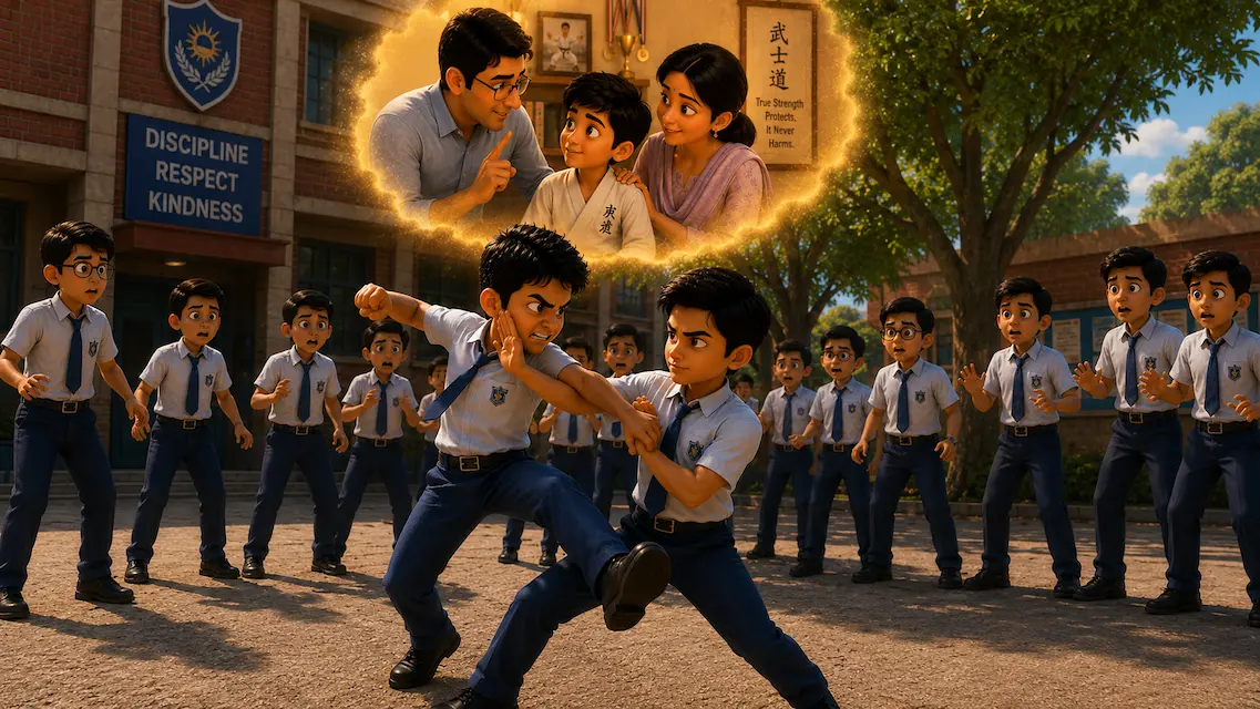 Aditya calmly controlling Kabir's attack while protecting a younger student as classmates watch.