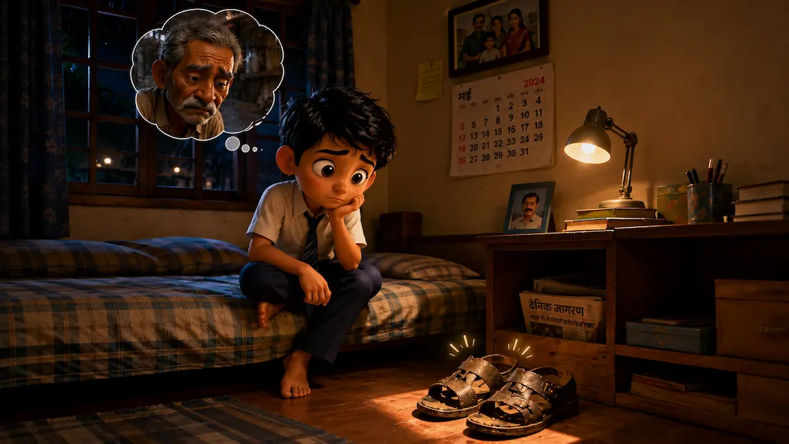 A Boy’s Sleepless Night A thoughtful schoolboy sits on his bed staring at an old pair of sandals while remembering the sad elderly tea stall worker.