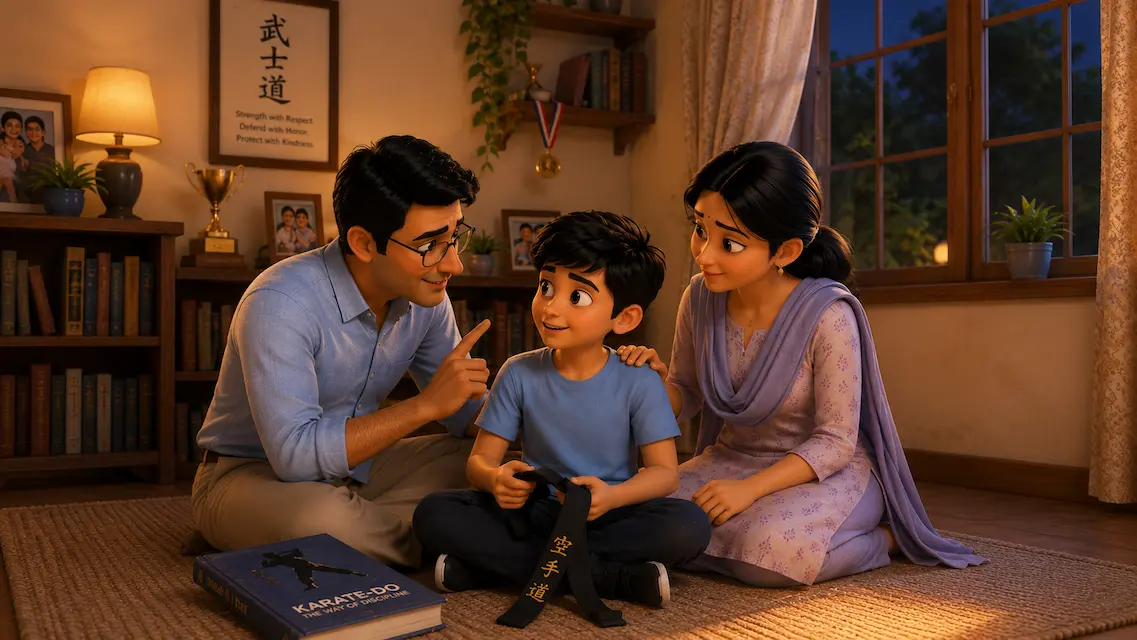 Aditya's parents explaining that martial arts should be used to protect people, not to hurt them.
