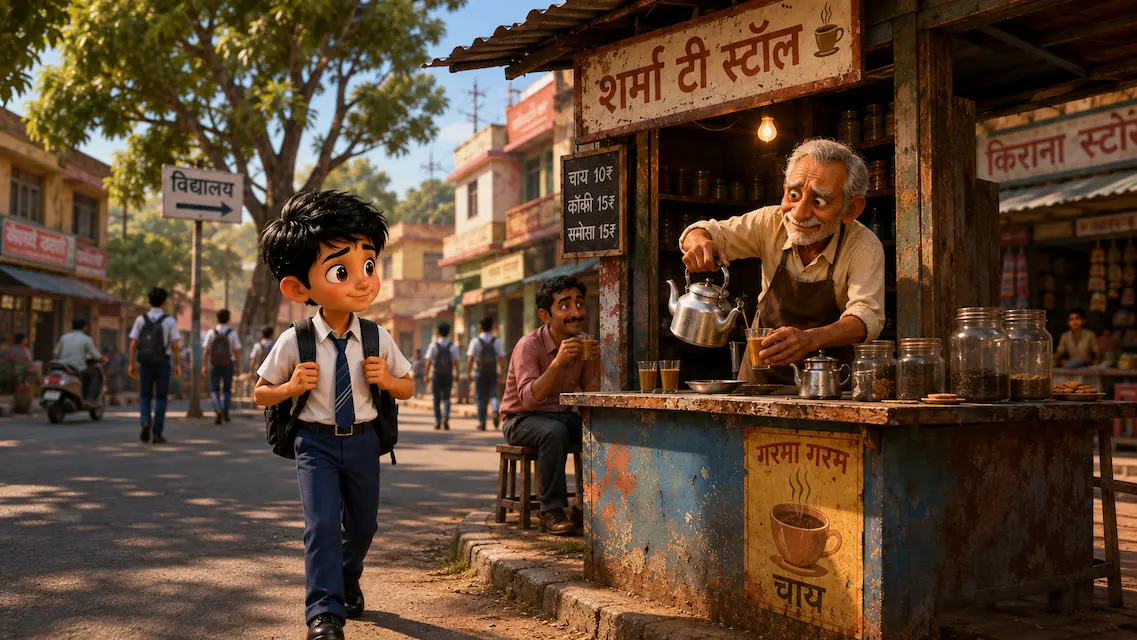 A Kind Boy Passes the Tea Stall A cheerful schoolboy walks past a roadside tea stall where an elderly man happily serves hot tea to customers on a sunny morning.