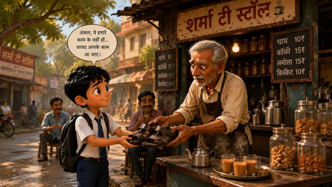 A Gift from the Heart A smiling schoolboy offers his old sandals to an elderly tea stall worker outside a roadside tea stall.