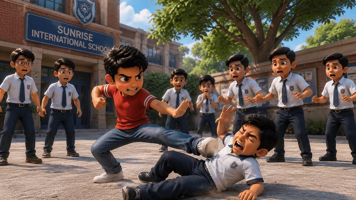 Kabir angrily using his karate skills against another schoolboy while classmates watch in shock.