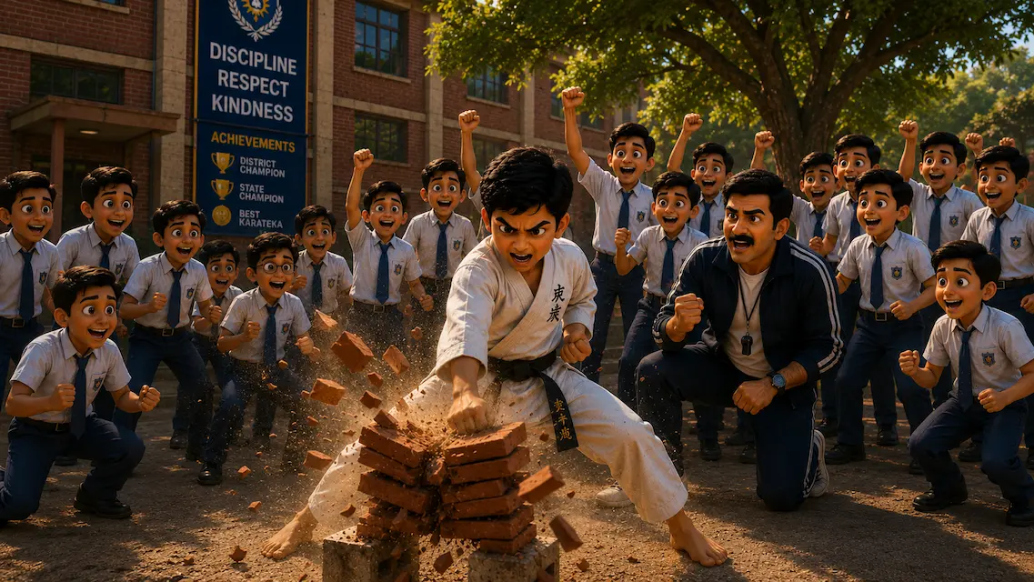 Aditya breaking bricks during a karate demonstration while classmates and coach cheer proudly.
