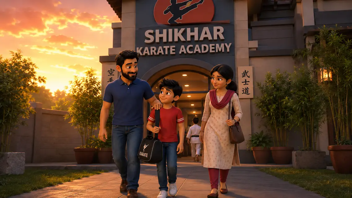 Kabir walking with his parents outside a karate academy before starting his self-defense journey.